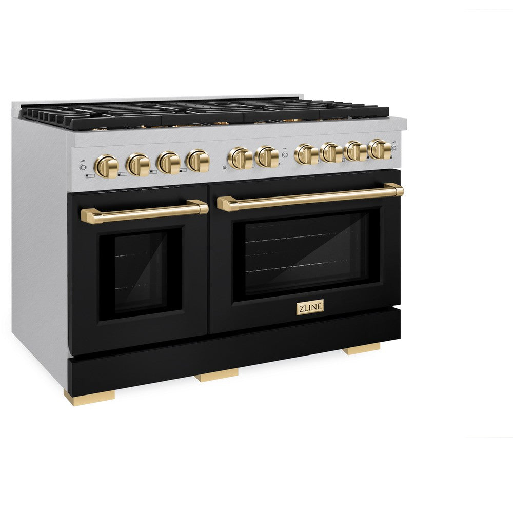 ZLINE Autograph Edition 48 in. Paramount Double Oven Dual Fuel Range, 6.7 cu. ft., 8 Burner Gas Cooktop, Satin Stainless Steel with Black Matte Doors and Polished Gold Accents (SDRSZ-BLM-48-G)