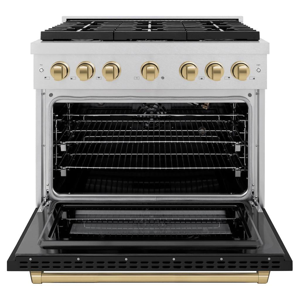 ZLINE Autograph Edition 48 in. 6.7 cu. ft. Paramount Double Oven Gas Range with 8 Burners, Satin Stainless Steel, Black Matte Doors, Champagne Bronze Accents (SGRSZ-BLM-48-CB)