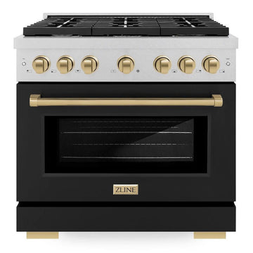 ZLINE Autograph Edition 36 in. 5.2 cu. ft. Gas Range with 6 Burners and Convection Oven in Satin Stainless Steel with Black Matte Door and Champagne Bronze Accents (SGRSZ-BLM-36-CB)