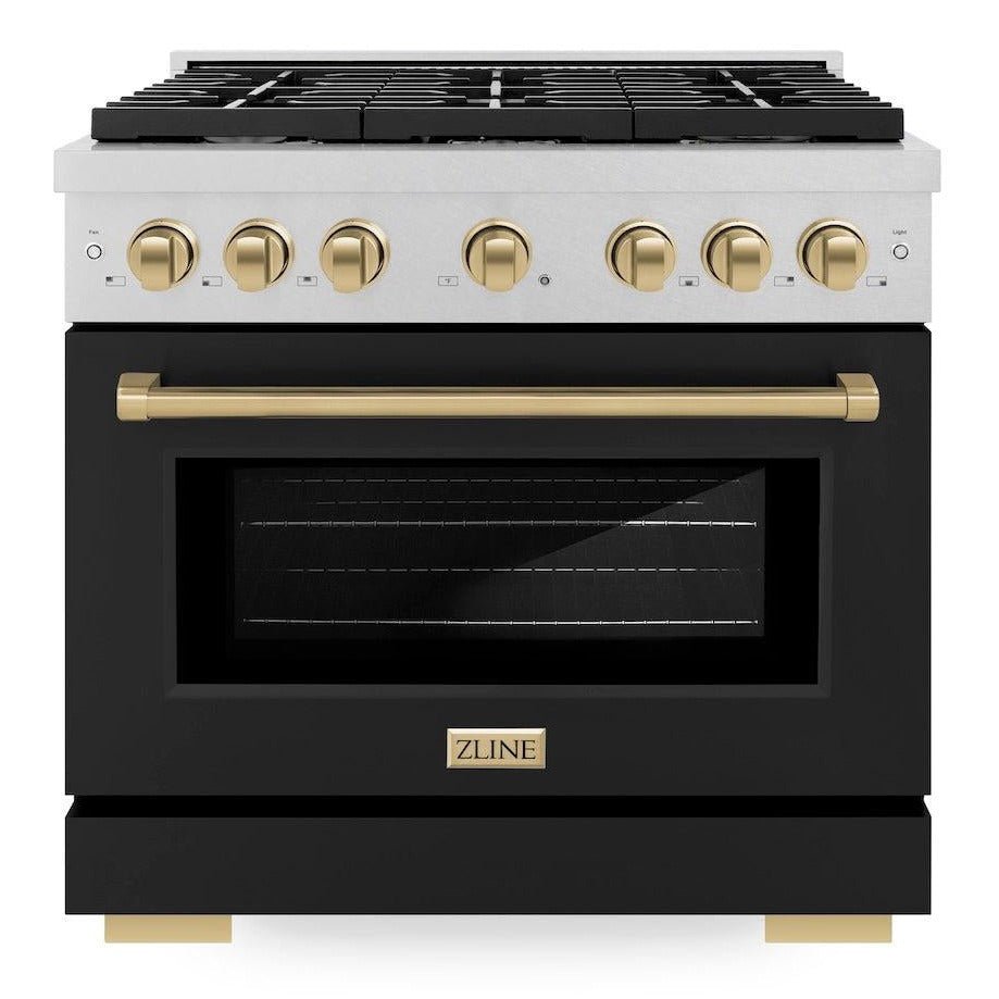 ZLINE Autograph Edition 36 in. 5.2 cu. ft. Gas Range with 6 Burners and Convection Oven in Satin Stainless Steel with Black Matte Door and Champagne Bronze Accents (SGRSZ-BLM-36-CB)