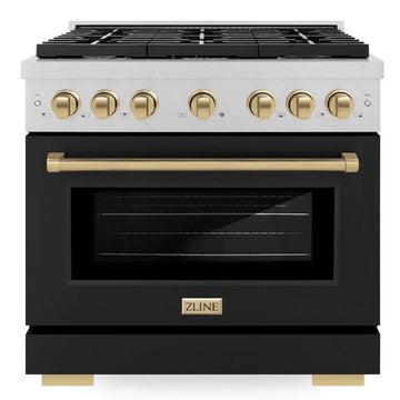 ZLINE Autograph Edition 48 in. 6.7 cu. ft. Paramount Double Oven Gas Range with 8 Burners, Satin Stainless Steel, Black Matte Doors, Champagne Bronze Accents (SGRSZ-BLM-48-CB)
