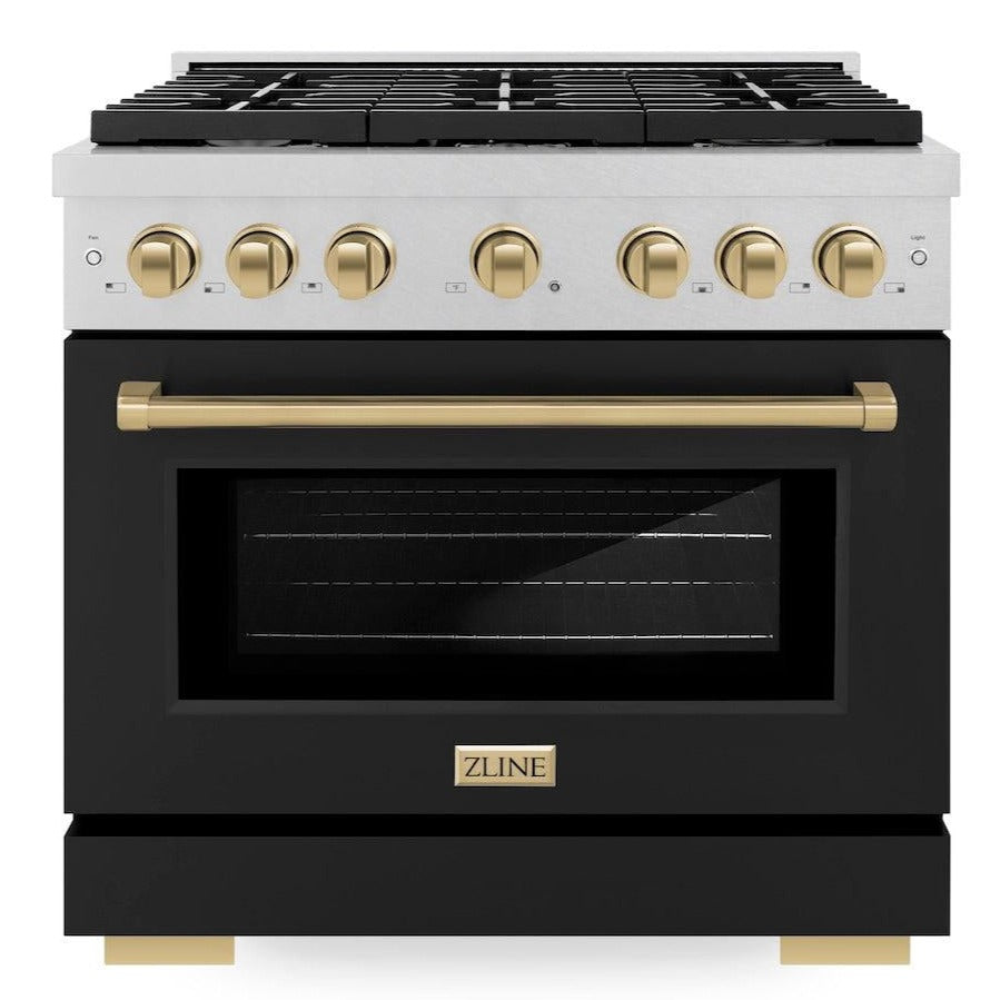 ZLINE Autograph Edition 48 in. 6.7 cu. ft. Paramount Double Oven Gas Range with 8 Burners, Satin Stainless Steel, Black Matte Doors, Champagne Bronze Accents (SGRSZ-BLM-48-CB)