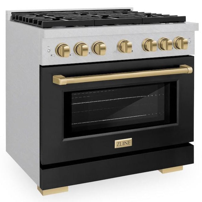 ZLINE Autograph Edition 48 in. 6.7 cu. ft. Paramount Double Oven Gas Range with 8 Burners, Satin Stainless Steel, Black Matte Doors, Champagne Bronze Accents (SGRSZ-BLM-48-CB)