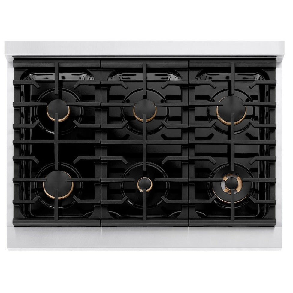 ZLINE Autograph Edition 36 in. 5.2 cu. ft. Gas Range with 6 Burners and Convection Oven in Satin Stainless Steel with Black Matte Door and Champagne Bronze Accents (SGRSZ-BLM-36-CB)