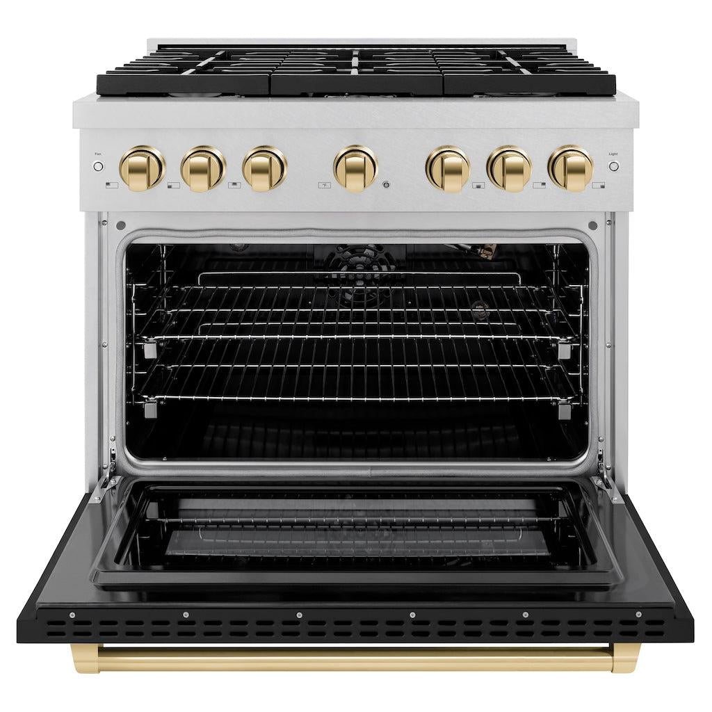 ZLINE Autograph Edition 36 in. 5.2 cu. ft. Paramount Gas Range with 6 Burners, Convection Gas Oven, Satin Stainless Steel with Black Matte Door and Polished Gold Accents (SGRSZ-BLM-36-G)