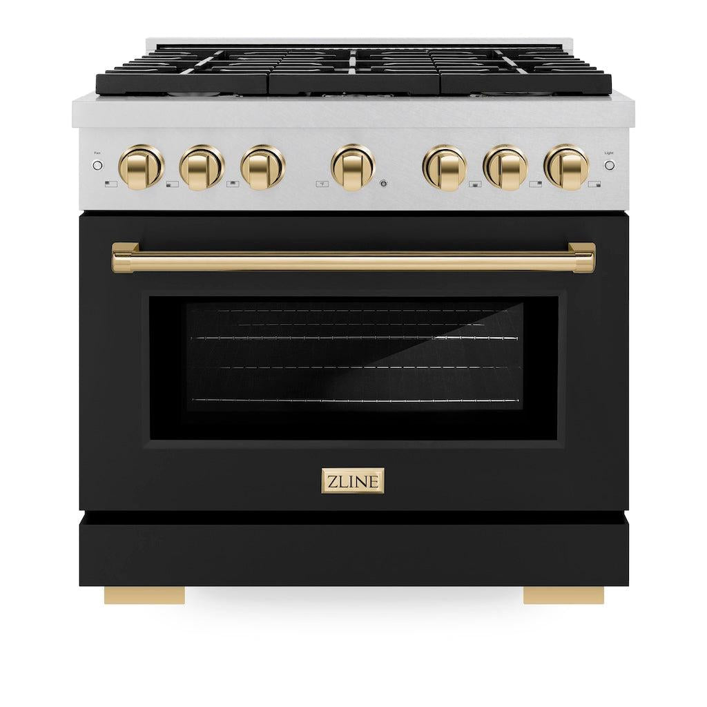 ZLINE Autograph Edition 36 in. 5.2 cu. ft. Paramount Gas Range with 6 Burners, Convection Gas Oven, Satin Stainless Steel with Black Matte Door and Polished Gold Accents (SGRSZ-BLM-36-G)