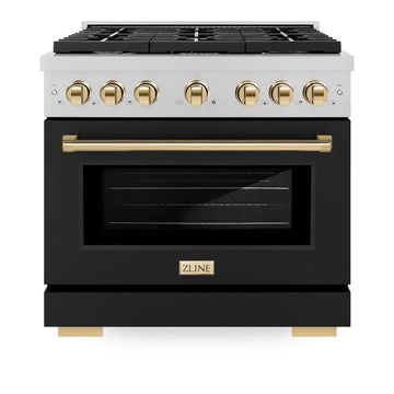 ZLINE Autograph Edition 36 in. 5.2 cu. ft. Paramount Gas Range with 6 Burners, Convection Gas Oven, Satin Stainless Steel with Black Matte Door and Polished Gold Accents (SGRSZ-BLM-36-G)