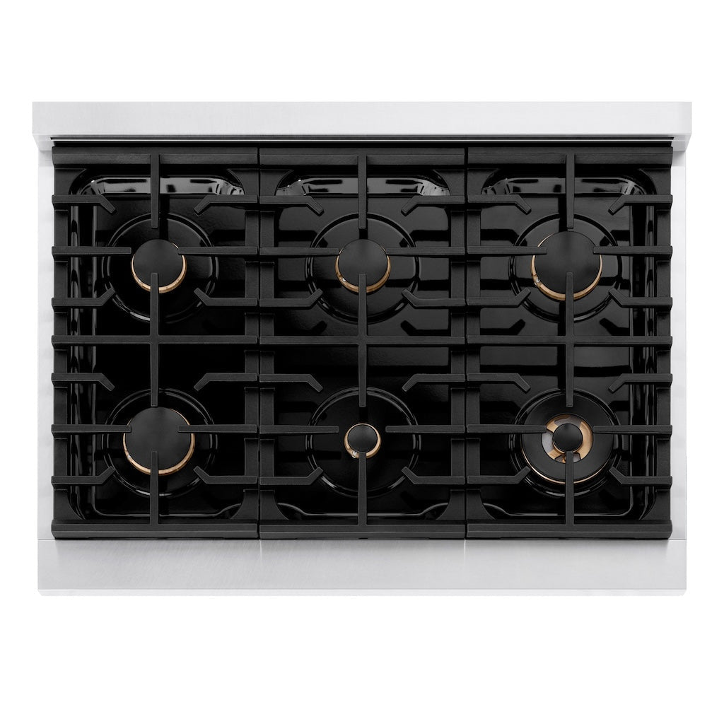 ZLINE Autograph Edition 36 in. 5.2 cu. ft. Paramount Gas Range with 6 Burners, Convection Gas Oven, Satin Stainless Steel with Black Matte Door and Polished Gold Accents (SGRSZ-BLM-36-G)