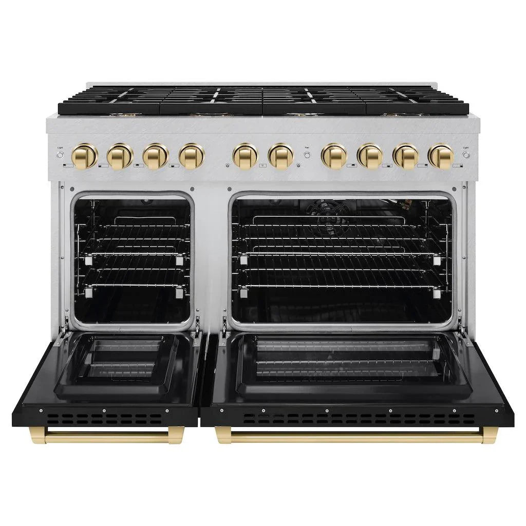 ZLINE Autograph Edition 48 in. 6.7 cu. ft. Paramount Double Oven Gas Range with 8 Burners, Convection Oven, Satin Stainless Steel with Black Matte Doors and Polished Gold Accents (SGRSZ-BLM-48-G)