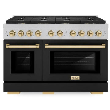 ZLINE Autograph Edition 48 in. 6.7 cu. ft. Paramount Double Oven Gas Range with 8 Burners, Convection Oven, Satin Stainless Steel with Black Matte Doors and Polished Gold Accents (SGRSZ-BLM-48-G)