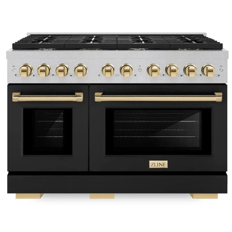ZLINE Autograph Edition 48 in. 6.7 cu. ft. Paramount Double Oven Gas Range with 8 Burners, Convection Oven, Satin Stainless Steel with Black Matte Doors and Polished Gold Accents (SGRSZ-BLM-48-G)