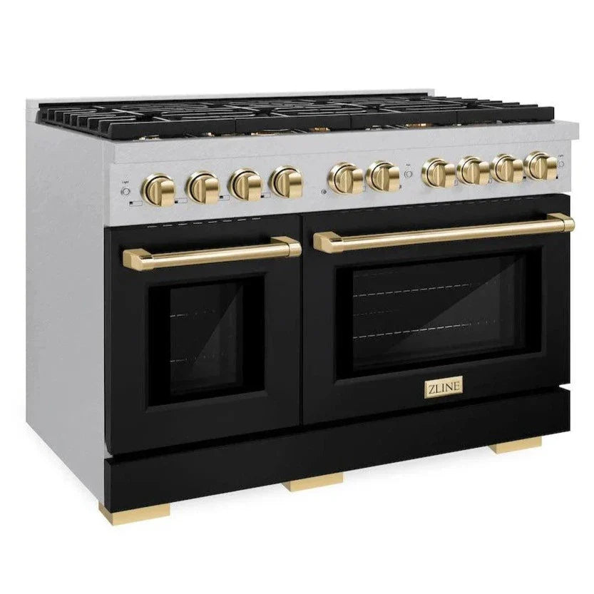 ZLINE Autograph Edition 48 in. 6.7 cu. ft. Paramount Double Oven Gas Range with 8 Burners, Convection Oven, Satin Stainless Steel with Black Matte Doors and Polished Gold Accents (SGRSZ-BLM-48-G)