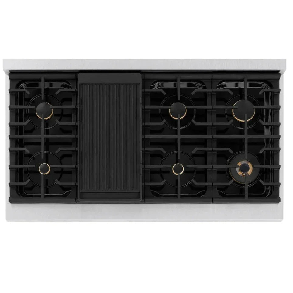 ZLINE Autograph Edition 48 in. 6.7 cu. ft. Paramount Double Oven Gas Range with 8 Burners, Convection Oven, Satin Stainless Steel with Black Matte Doors and Polished Gold Accents (SGRSZ-BLM-48-G)