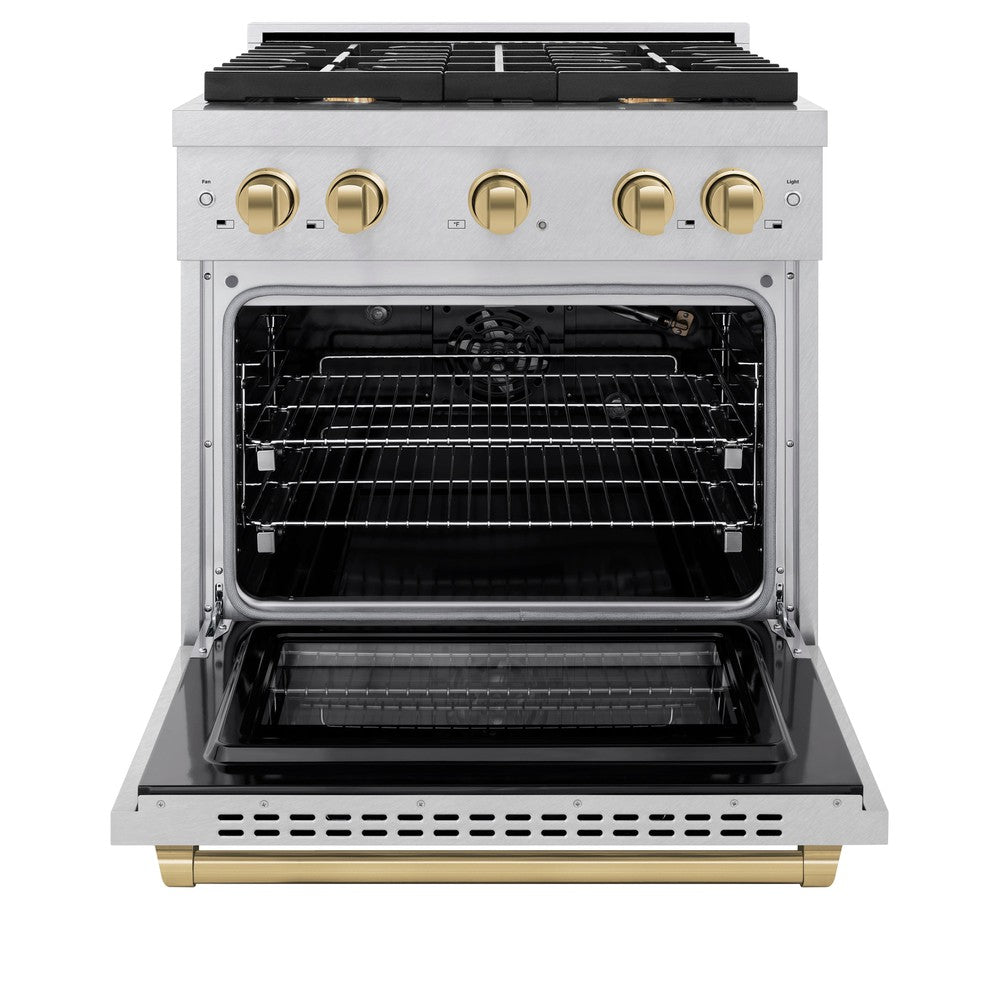 ZLINE Autograph Edition 30 in. Paramount Dual Fuel Range 4.2 cu. ft., 4 Gas Burners, Electric Convection Oven, Satin Stainless Steel with Champagne Bronze Accents, SDRSZ-30-CB