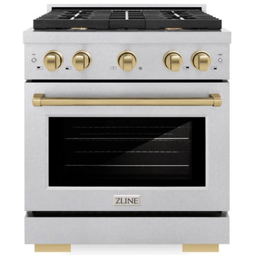 ZLINE Autograph Edition 30 in. Paramount Dual Fuel Range 4.2 cu. ft., 4 Gas Burners, Electric Convection Oven, Satin Stainless Steel with Champagne Bronze Accents, SDRSZ-30-CB
