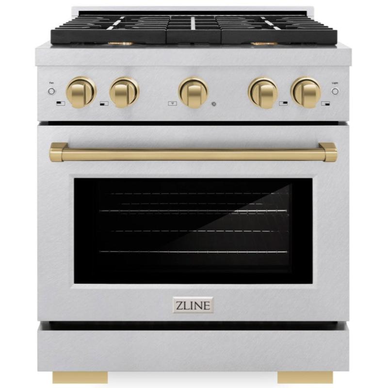 ZLINE Autograph Edition 30 in. Paramount Dual Fuel Range 4.2 cu. ft., 4 Gas Burners, Electric Convection Oven, Satin Stainless Steel with Champagne Bronze Accents, SDRSZ-30-CB