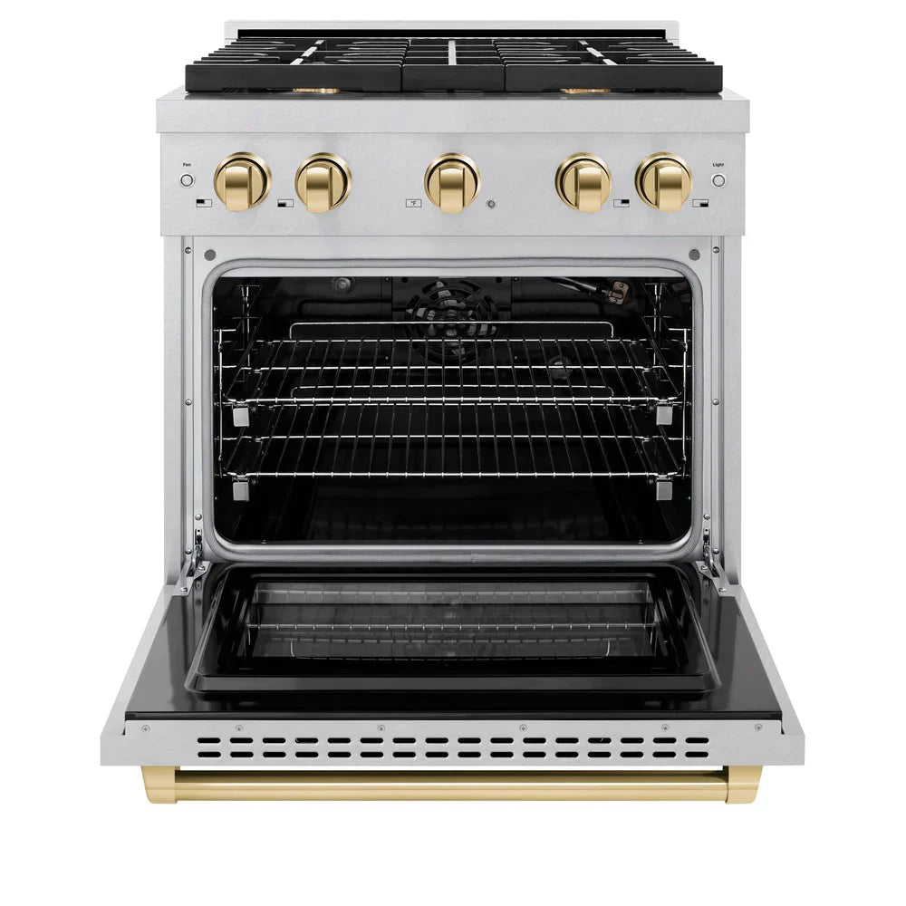 ZLINE Autograph 30 in. Paramount Dual Fuel Range with 4 Burner Gas Cooktop and Electric Convection Oven in Satin Stainless Steel with Polished Gold Accents, 4.2 cu. ft., SDRSZ-30-G
