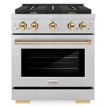 ZLINE Autograph 30 in. Paramount Dual Fuel Range with 4 Burner Gas Cooktop and Electric Convection Oven in Satin Stainless Steel with Polished Gold Accents, 4.2 cu. ft., SDRSZ-30-G