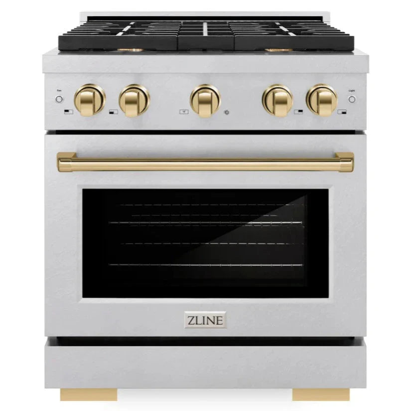 ZLINE Autograph 30 in. Paramount Dual Fuel Range with 4 Burner Gas Cooktop and Electric Convection Oven in Satin Stainless Steel with Polished Gold Accents, 4.2 cu. ft., SDRSZ-30-G