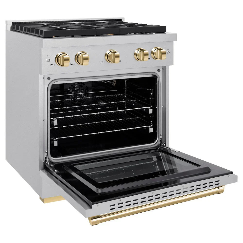 ZLINE Autograph 30 in. Paramount Dual Fuel Range with 4 Burner Gas Cooktop and Electric Convection Oven in Satin Stainless Steel with Polished Gold Accents, 4.2 cu. ft., SDRSZ-30-G