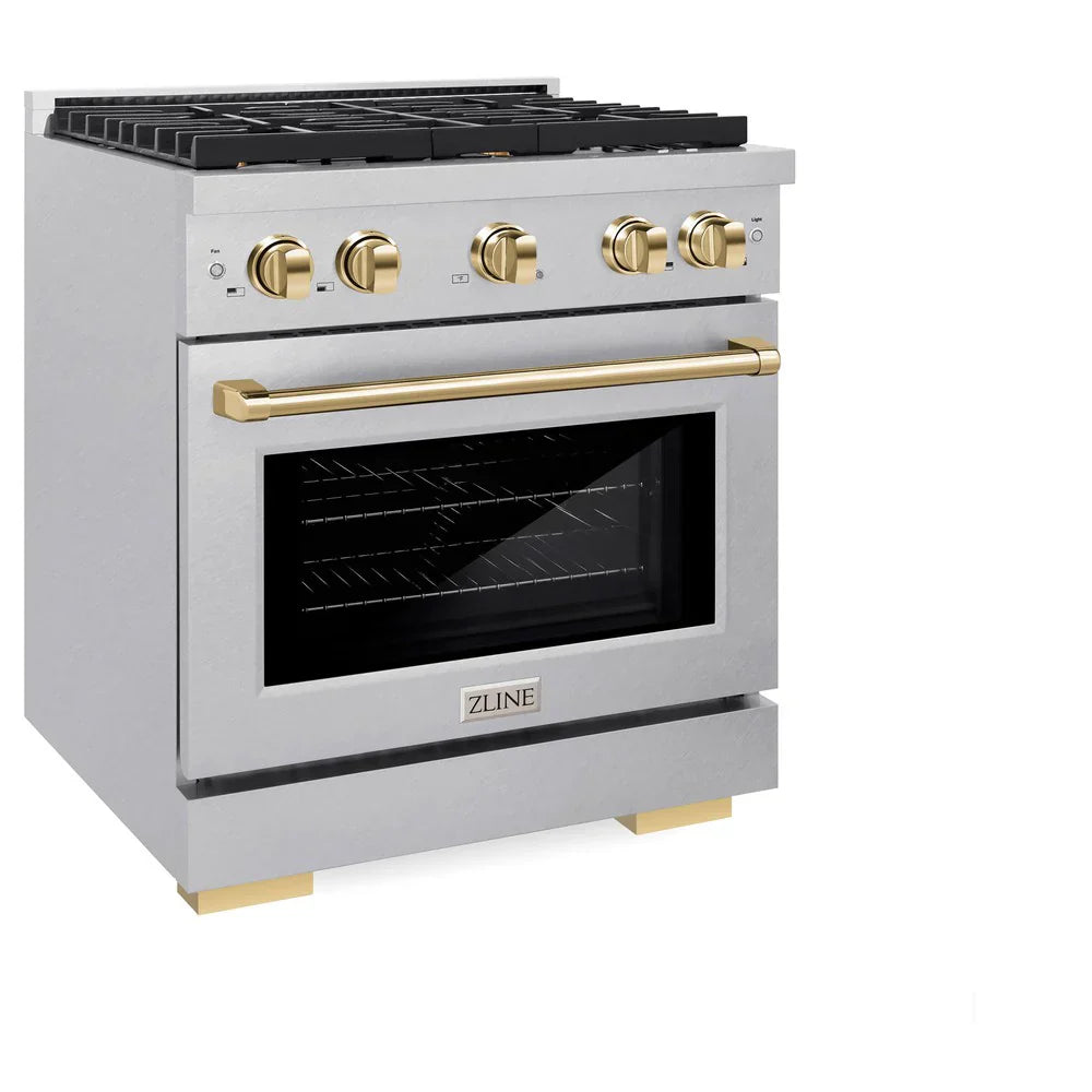 ZLINE Autograph 30 in. Paramount Dual Fuel Range with 4 Burner Gas Cooktop and Electric Convection Oven in Satin Stainless Steel with Polished Gold Accents, 4.2 cu. ft., SDRSZ-30-G