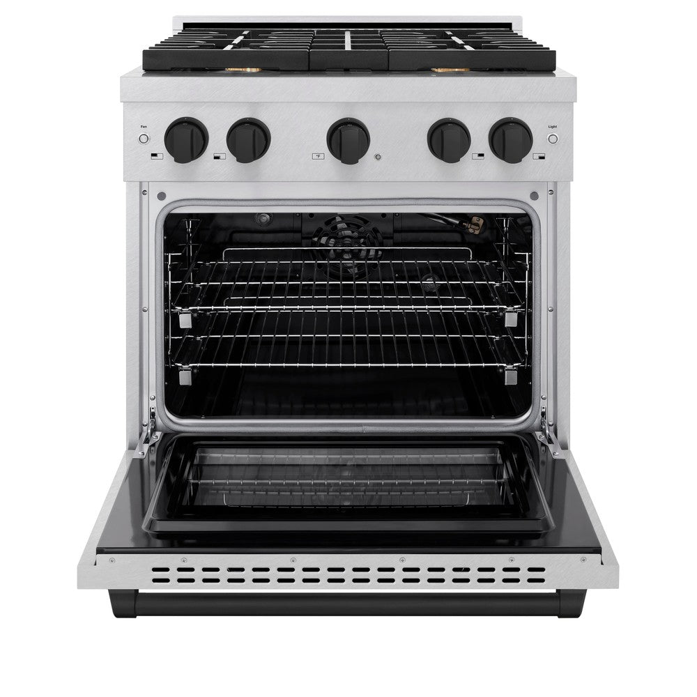 ZLINE Autograph Edition 30 in. Paramount Dual Fuel Range, 4.2 cu. ft. Electric Convection Oven, 4 Gas Burners, Satin Stainless Steel with Matte Black Accents (SDRSZ-30-MB)