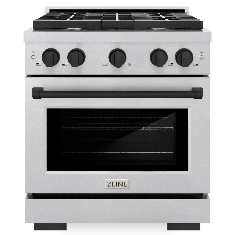 ZLINE Autograph Edition 30 in. Paramount Dual Fuel Range, 4.2 cu. ft. Electric Convection Oven, 4 Gas Burners, Satin Stainless Steel with Matte Black Accents (SDRSZ-30-MB)
