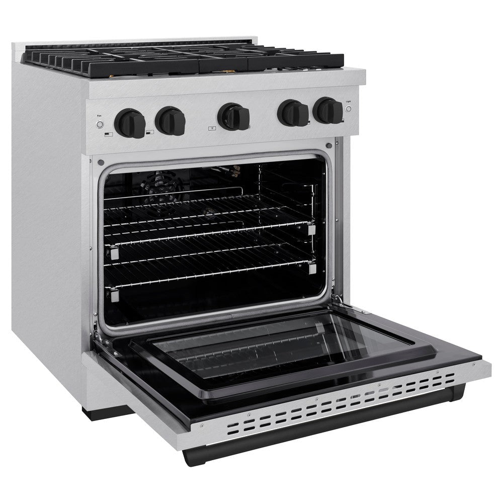 ZLINE Autograph Edition 30 in. Paramount Dual Fuel Range, 4.2 cu. ft. Electric Convection Oven, 4 Gas Burners, Satin Stainless Steel with Matte Black Accents (SDRSZ-30-MB)