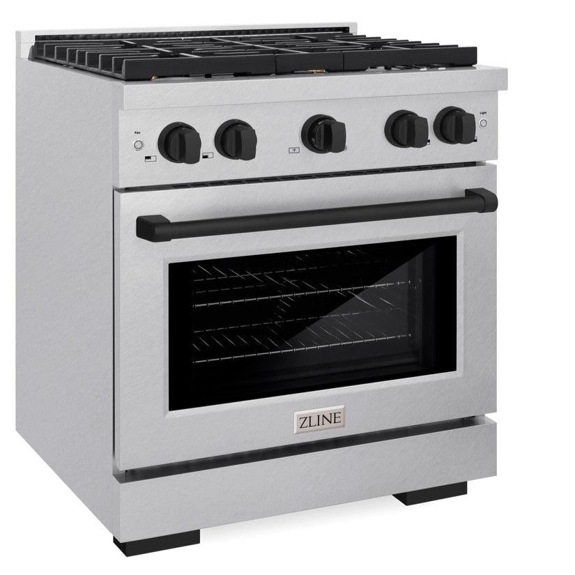 ZLINE Autograph Edition 30 in. Paramount Dual Fuel Range, 4.2 cu. ft. Electric Convection Oven, 4 Gas Burners, Satin Stainless Steel with Matte Black Accents (SDRSZ-30-MB)