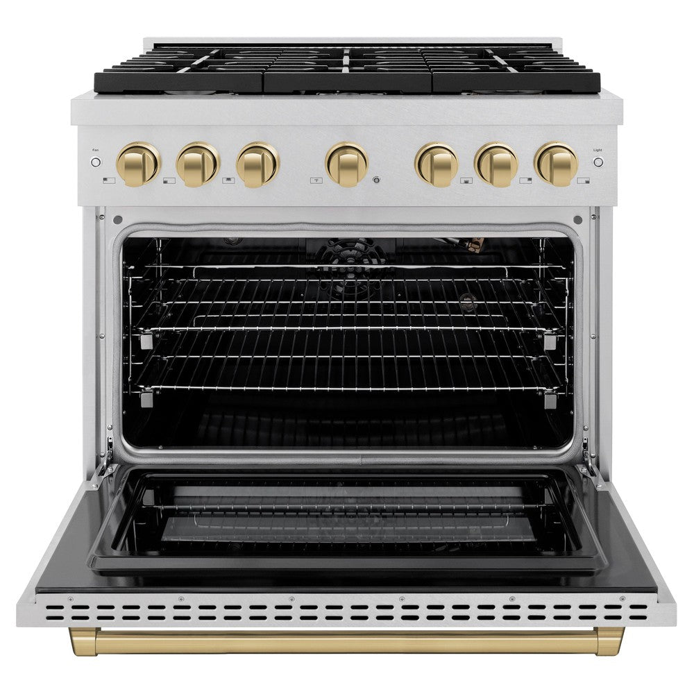ZLINE Autograph Edition 36 in. Paramount Dual Fuel Range, 5.2 cu. ft., 6 Burner Gas Cooktop with Electric Convection Oven, Satin Stainless Steel with Champagne Bronze Accents (SDRSZ-36-CB)