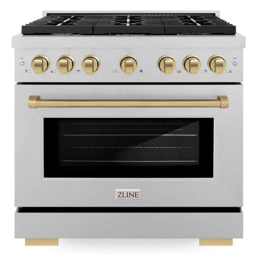 ZLINE Autograph Edition 36 in. Paramount Dual Fuel Range, 5.2 cu. ft., 6 Burner Gas Cooktop with Electric Convection Oven, Satin Stainless Steel with Champagne Bronze Accents (SDRSZ-36-CB)