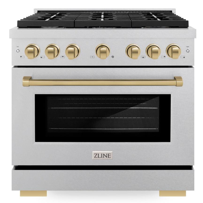 ZLINE Autograph Edition 36 in. Paramount Dual Fuel Range, 5.2 cu. ft., 6 Burner Gas Cooktop with Electric Convection Oven, Satin Stainless Steel with Champagne Bronze Accents (SDRSZ-36-CB)