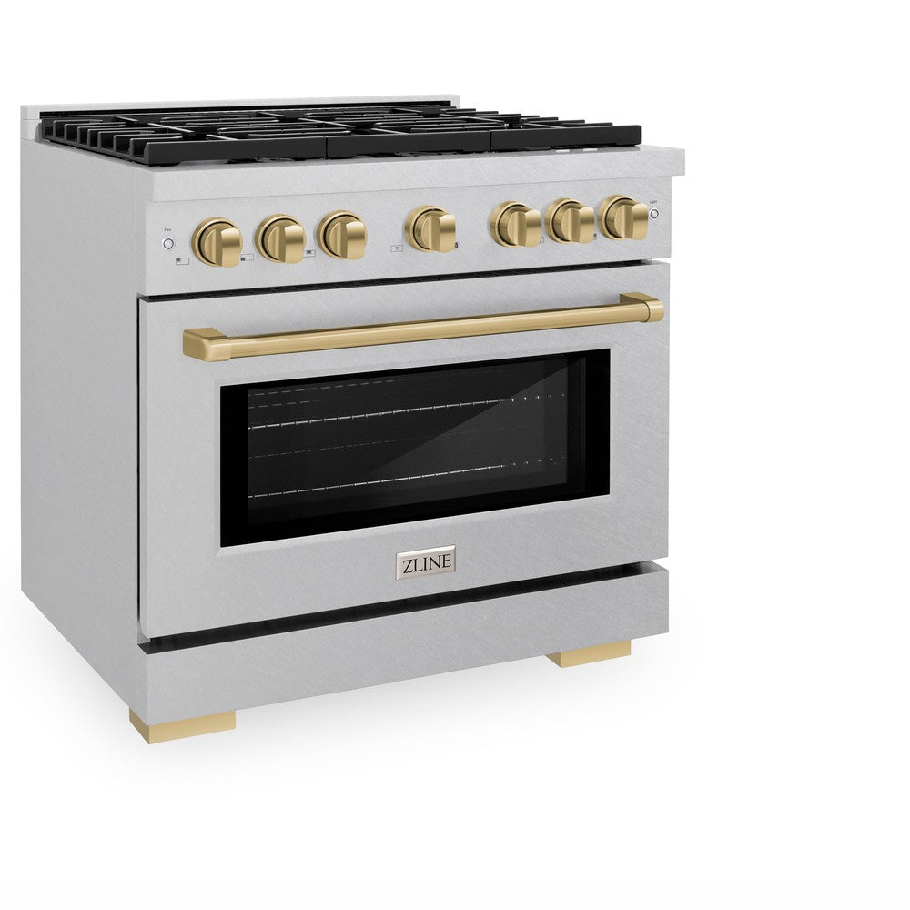 ZLINE Autograph Edition 36 in. Paramount Dual Fuel Range, 5.2 cu. ft., 6 Burner Gas Cooktop with Electric Convection Oven, Satin Stainless Steel with Champagne Bronze Accents (SDRSZ-36-CB)