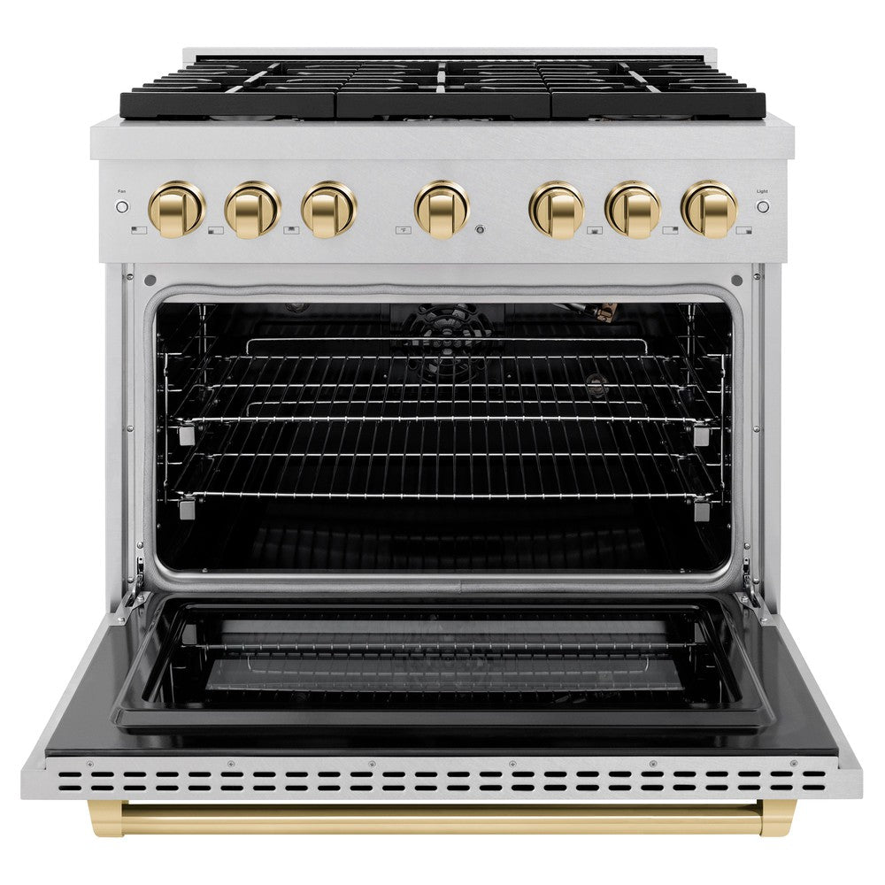 ZLINE Autograph Edition 36 in. Paramount Dual Fuel Range, 5.2 cu. ft. Electric Convection Oven, 6-Burner Gas Cooktop, Satin Stainless Steel with Polished Gold Accents (SDRSZ-36-G)