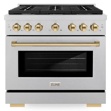 ZLINE Autograph Edition 36 in. Paramount Dual Fuel Range, 5.2 cu. ft. Electric Convection Oven, 6-Burner Gas Cooktop, Satin Stainless Steel with Polished Gold Accents (SDRSZ-36-G)