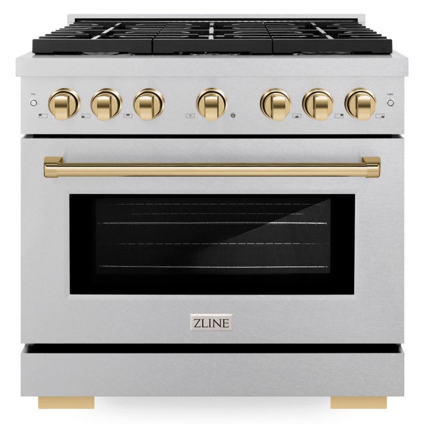 ZLINE Autograph Edition 36 in. Paramount Dual Fuel Range, 5.2 cu. ft. Electric Convection Oven, 6-Burner Gas Cooktop, Satin Stainless Steel with Polished Gold Accents (SDRSZ-36-G)