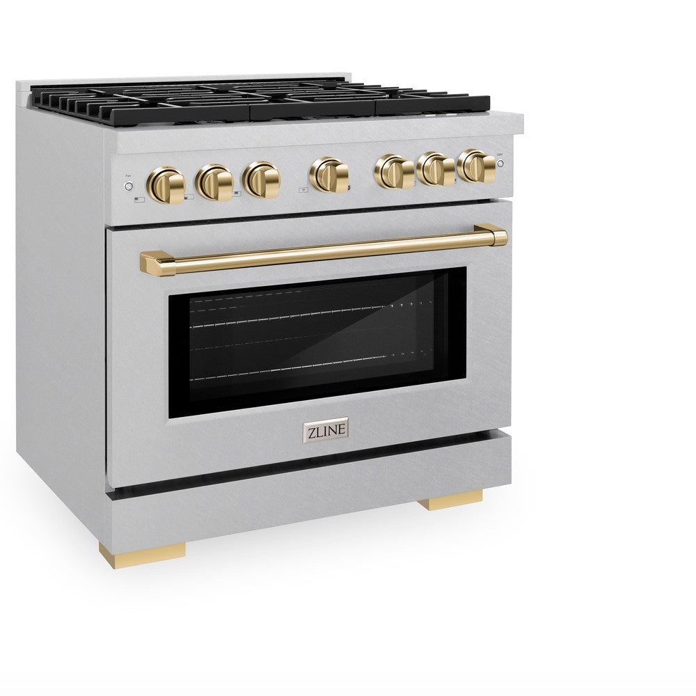 ZLINE Autograph Edition 36 in. Paramount Dual Fuel Range, 5.2 cu. ft. Electric Convection Oven, 6-Burner Gas Cooktop, Satin Stainless Steel with Polished Gold Accents (SDRSZ-36-G)