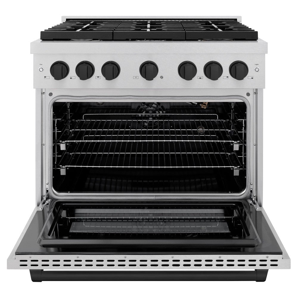 ZLINE Autograph Edition 36 in. Paramount Dual Fuel Range, 5.2 cu. ft. Electric Convection Oven, 6 Burner Gas Cooktop, Satin Stainless Steel with Matte Black Accents (SDRSZ-36-MB)