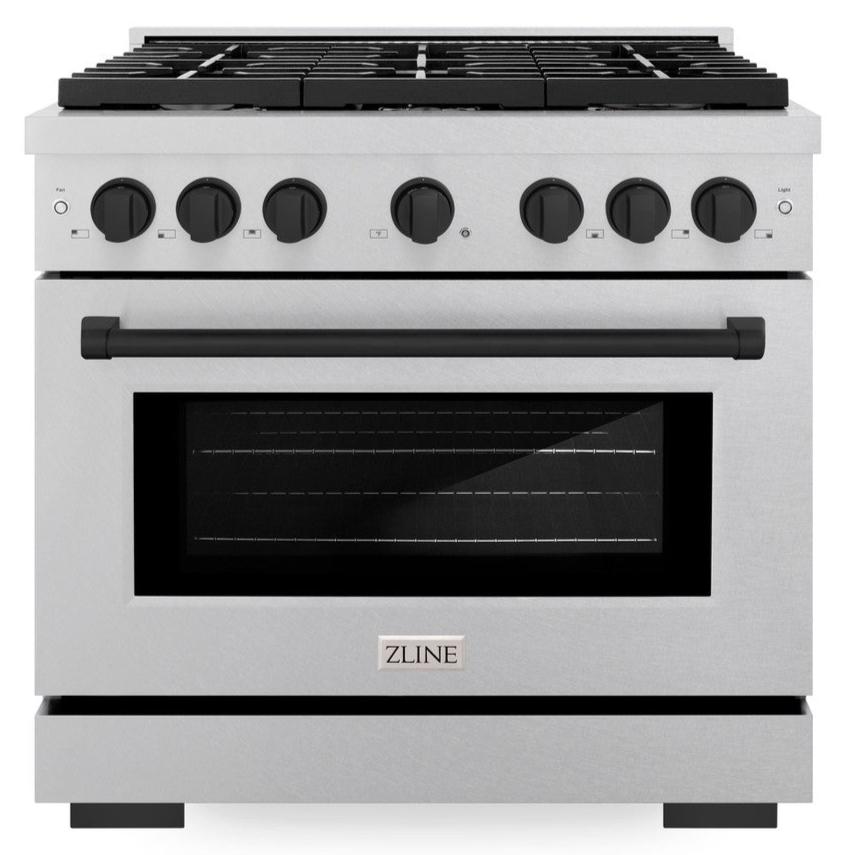 ZLINE Autograph Edition 36 in. Paramount Dual Fuel Range, 5.2 cu. ft. Electric Convection Oven, 6 Burner Gas Cooktop, Satin Stainless Steel with Matte Black Accents (SDRSZ-36-MB)