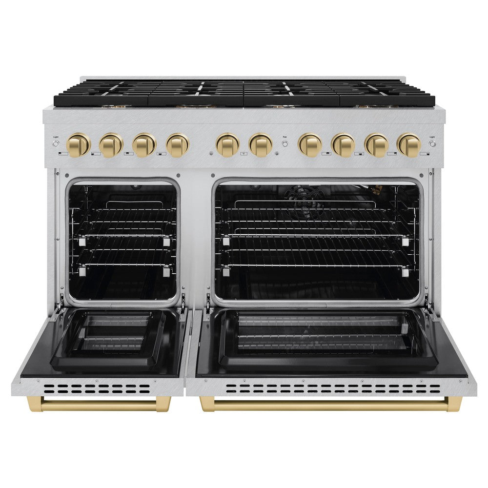 ZLINE Autograph Edition 48 in. Paramount Double Oven Dual Fuel Range, 6.7 cu. ft., 8 Gas Burners, Electric Convection Oven, Satin Stainless Steel with Champagne Bronze Accents (SDRSZ-48-CB)