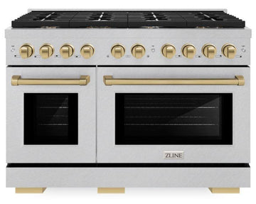ZLINE Autograph Edition 48 in. Paramount Double Oven Dual Fuel Range, 6.7 cu. ft., 8 Gas Burners, Electric Convection Oven, Satin Stainless Steel with Champagne Bronze Accents (SDRSZ-48-CB)
