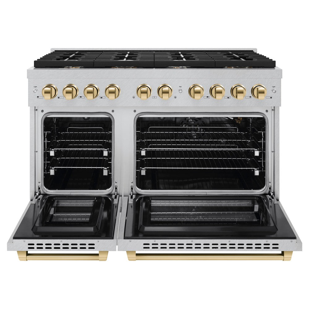 ZLINE Autograph 48 in. Paramount Double Oven Dual Fuel Range, 6.7 cu. ft., 8 Burner Gas Cooktop, Electric Convection Ovens, Satin Stainless Steel with Polished Gold Accents (SDRSZ-48-G)