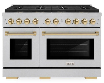 ZLINE Autograph 48 in. Paramount Double Oven Dual Fuel Range, 6.7 cu. ft., 8 Burner Gas Cooktop, Electric Convection Ovens, Satin Stainless Steel with Polished Gold Accents (SDRSZ-48-G)