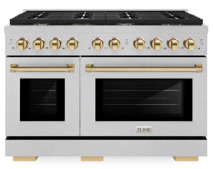 ZLINE Autograph 48 in. Paramount Double Oven Dual Fuel Range, 6.7 cu. ft., 8 Burner Gas Cooktop, Electric Convection Ovens, Satin Stainless Steel with Polished Gold Accents (SDRSZ-48-G)