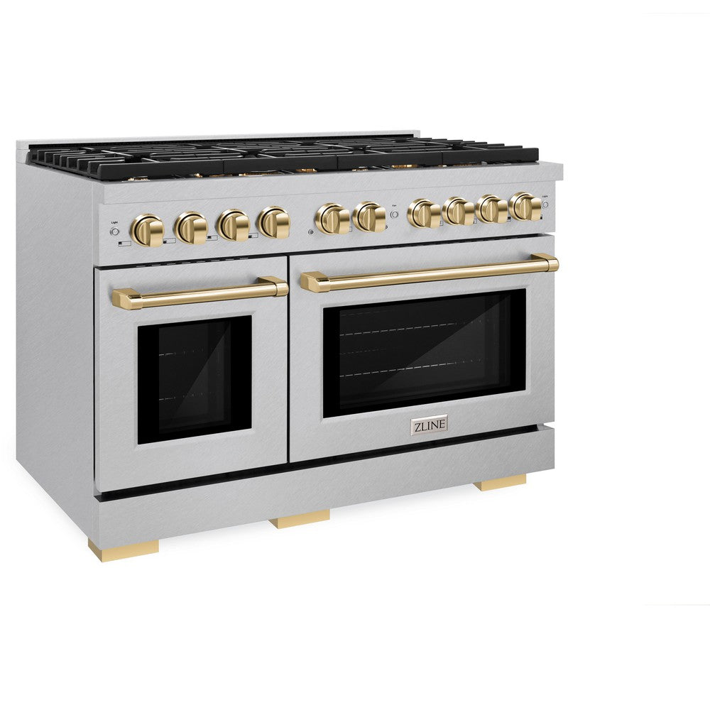 ZLINE Autograph 48 in. Paramount Double Oven Dual Fuel Range, 6.7 cu. ft., 8 Burner Gas Cooktop, Electric Convection Ovens, Satin Stainless Steel with Polished Gold Accents (SDRSZ-48-G)