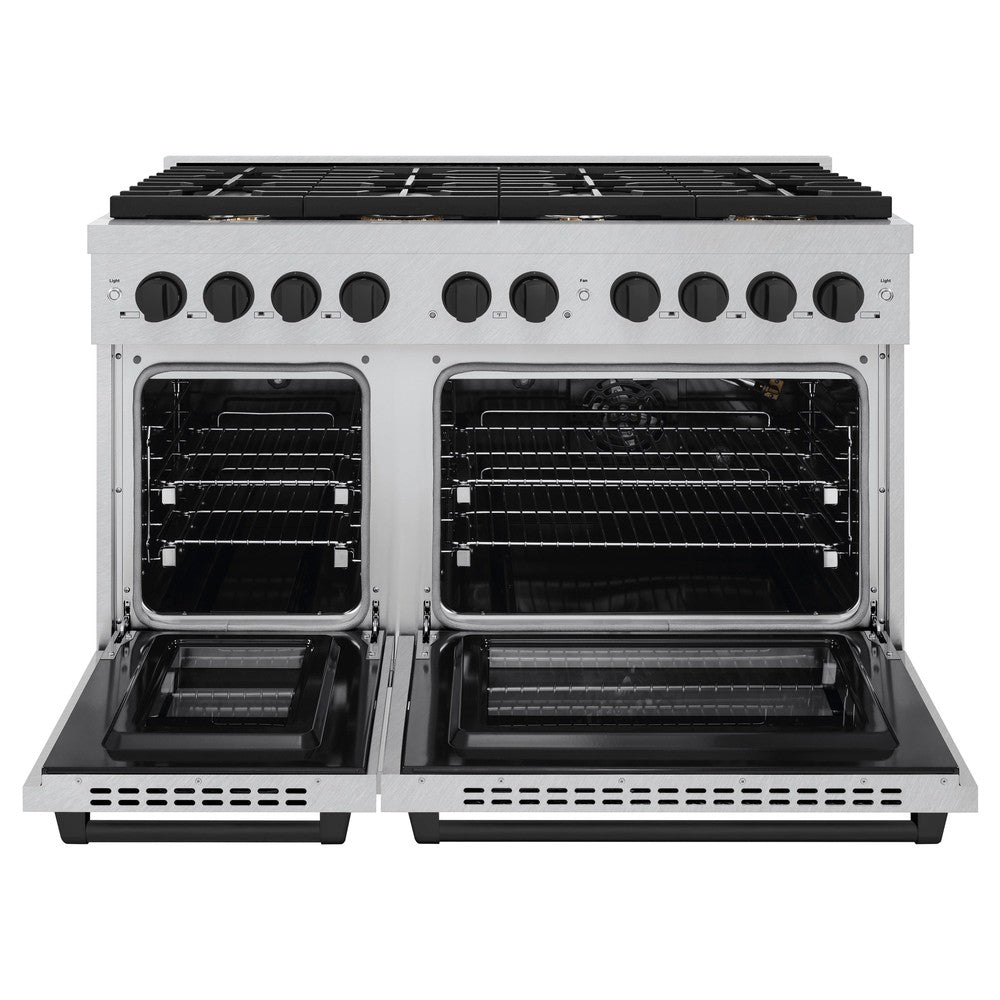 ZLINE Autograph Edition 48 in. Paramount Double Oven Dual Fuel Range with 8 Burner Gas Cooktop, 6.7 cu. ft., Satin Stainless Steel with Matte Black Accents (SDRSZ-48-MB)