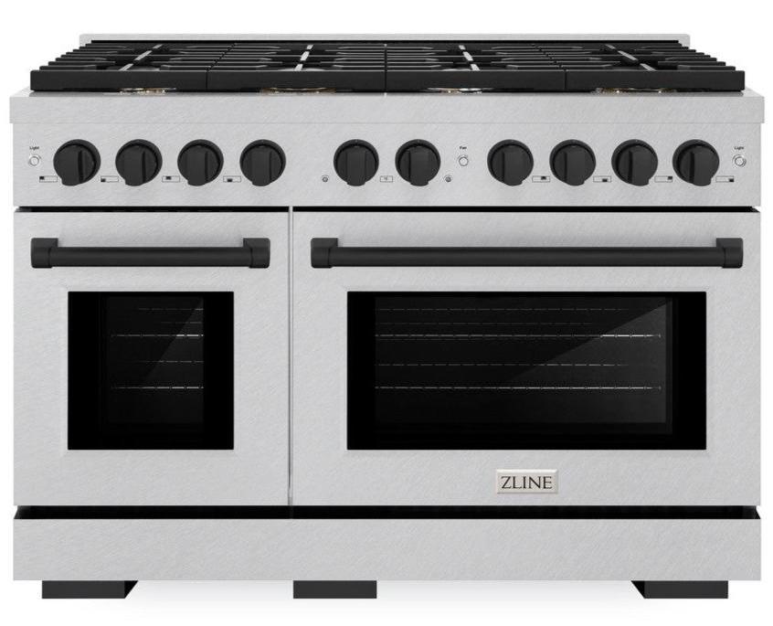 ZLINE Autograph Edition 48 in. Paramount Double Oven Dual Fuel Range with 8 Burner Gas Cooktop, 6.7 cu. ft., Satin Stainless Steel with Matte Black Accents (SDRSZ-48-MB)