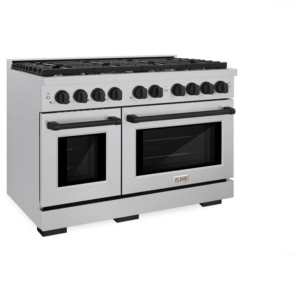 ZLINE Autograph Edition 48 in. Paramount Double Oven Dual Fuel Range with 8 Burner Gas Cooktop, 6.7 cu. ft., Satin Stainless Steel with Matte Black Accents (SDRSZ-48-MB)