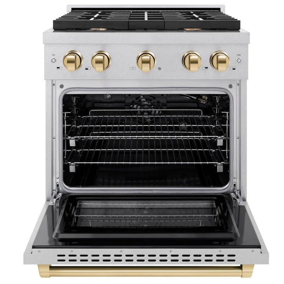 ZLINE Autograph Edition 30 in. 4.2 cu. ft. Paramount Gas Range with 4 Burners and Convection Gas Oven in Satin Stainless Steel with Polished Gold Accents (SGRSZ-30-G)