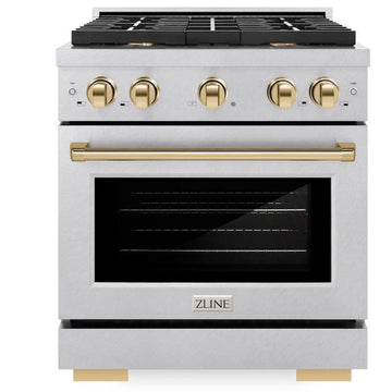ZLINE Autograph Edition 30 in. 4.2 cu. ft. Paramount Gas Range with 4 Burners and Convection Gas Oven in Satin Stainless Steel with Polished Gold Accents (SGRSZ-30-G)